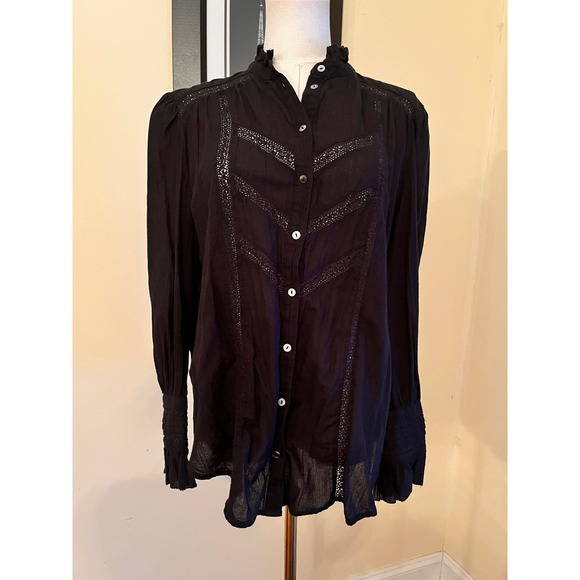 Sundance Louisa Black Cotton Gauze Crochet Lace Boho Blouse Medium - Picture 2 of 7